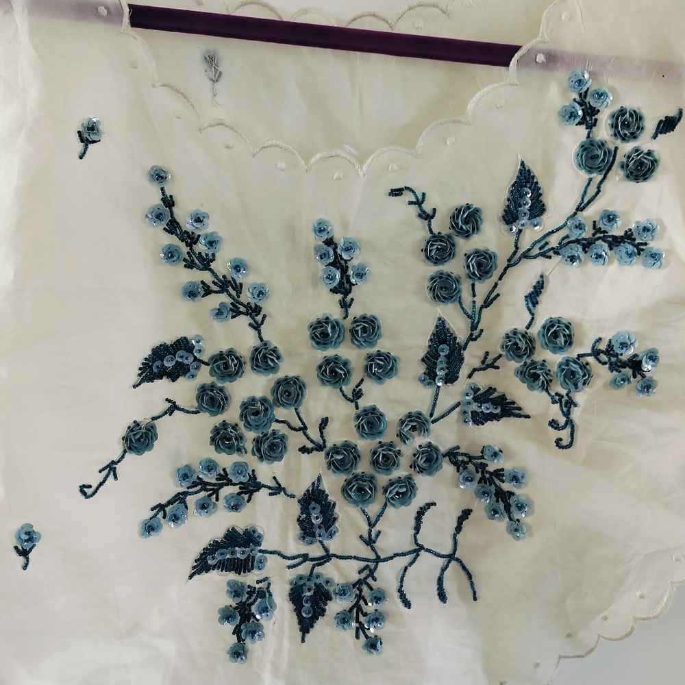 Silk/Pina Organza 3D blue floral embroidery scalloped Edges Filipiniana AS-IS
